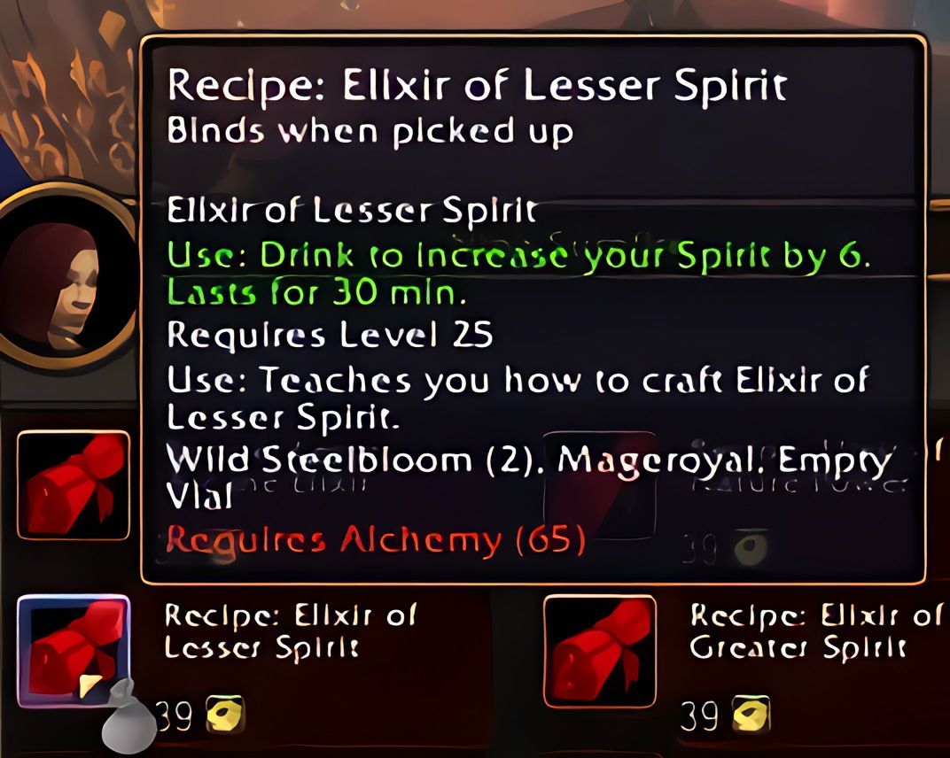 配方:次级精神合剂(Elixir of Lesser Spirit)在World of Warcraft: Forever中