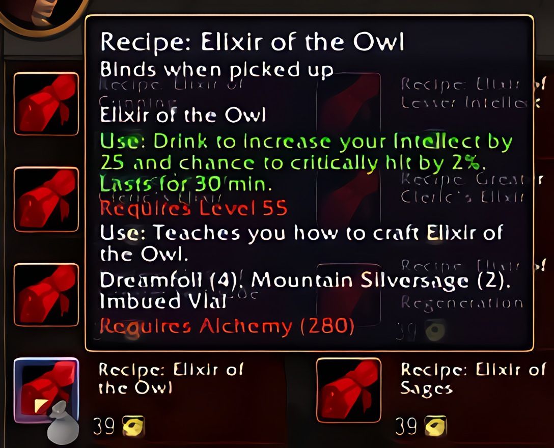 配方:枭合剂(Elixir of the Owl)在World of Warcraft: Forever中