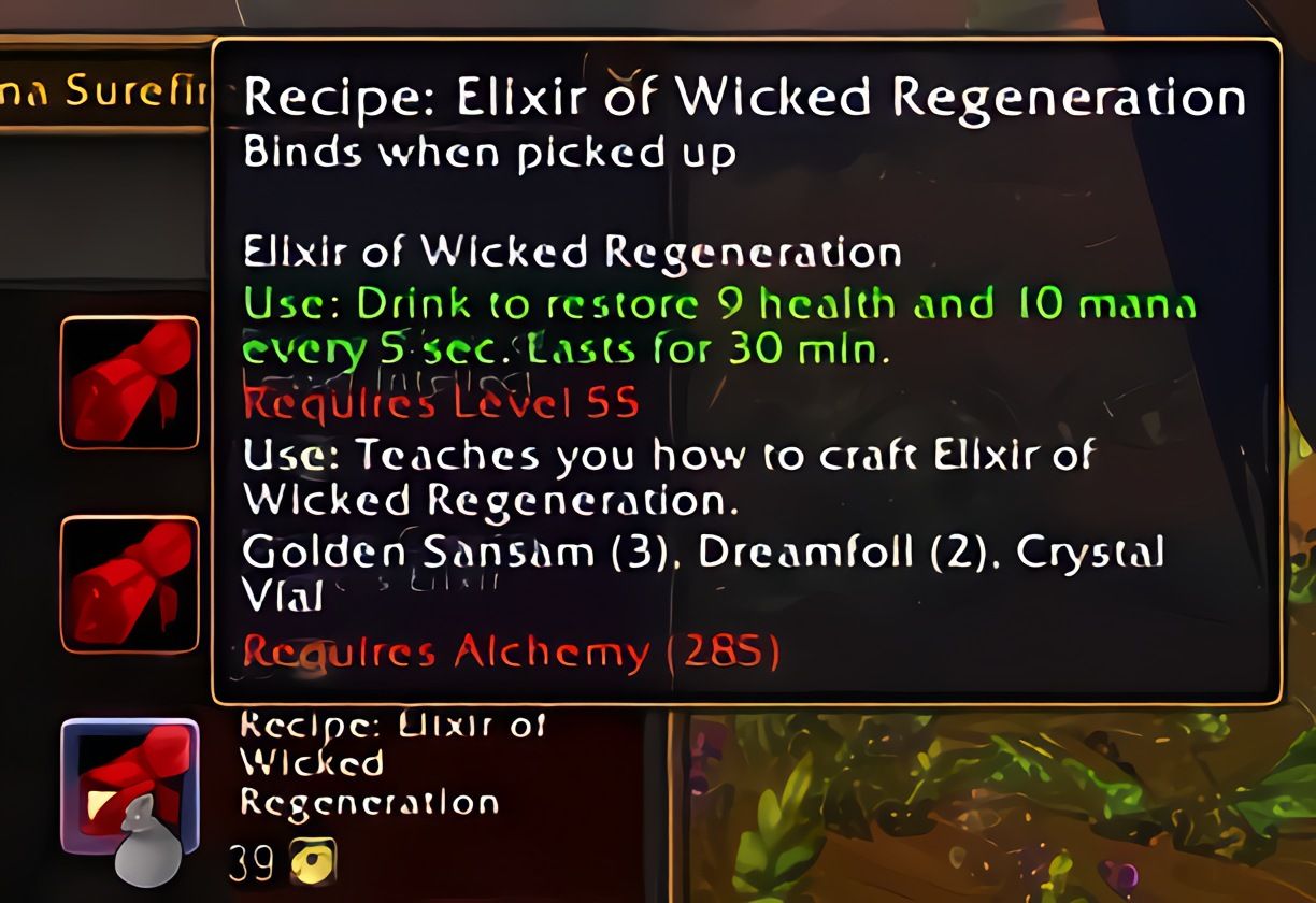 配方:邪恶回复合剂(Elixir of Wicked Regeneration)在World of Warcraft: Forever中
