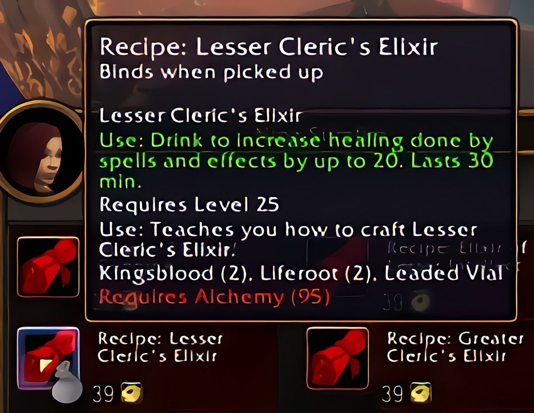 配方:次级牧师合剂(Lesser Cleric's Elixir)在World of Warcraft: Forever中