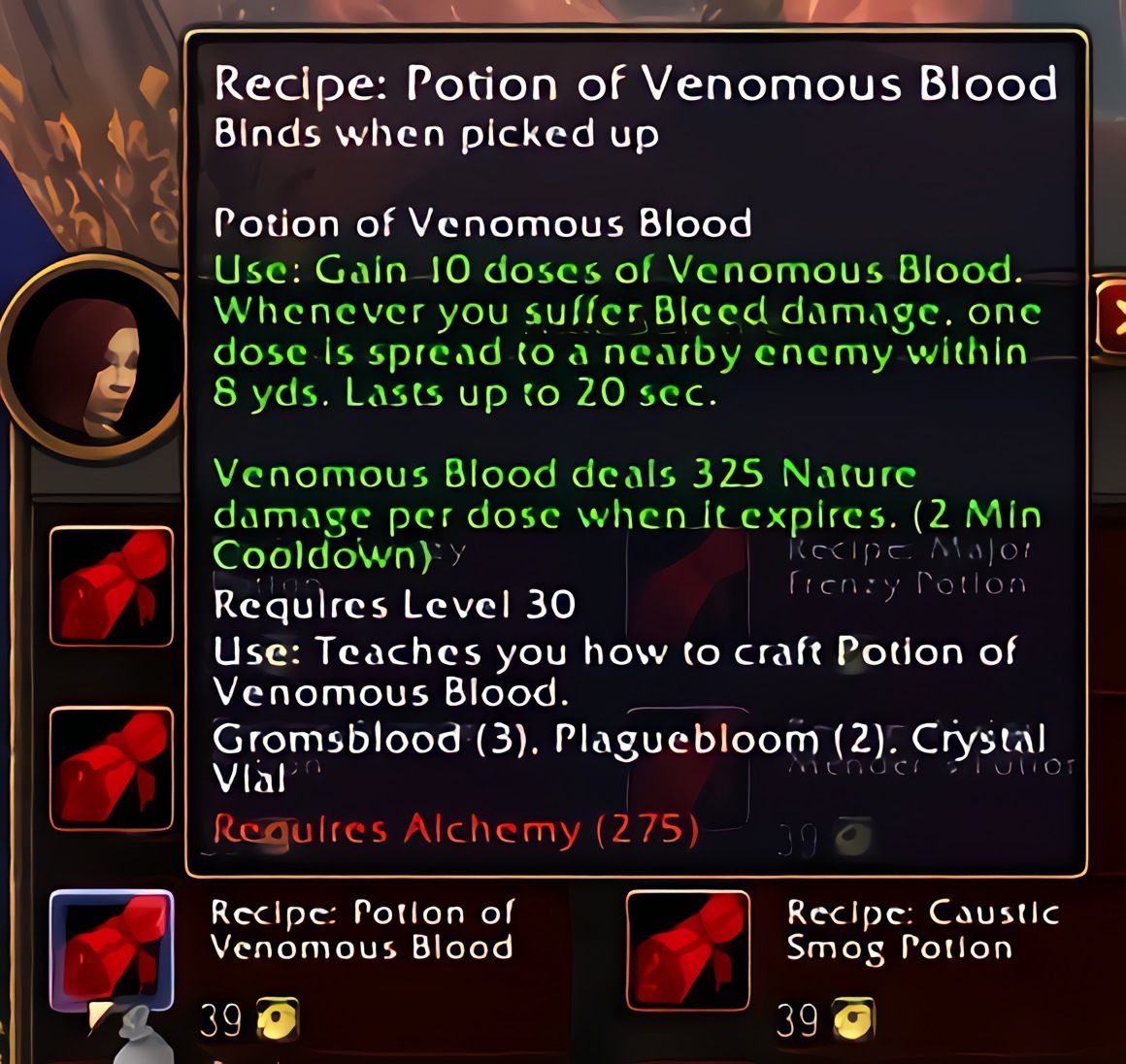 配方:毒血药水(Potion of Venomous Blood)在World of Warcraft: Forever中