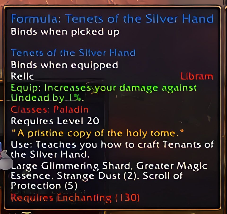 配方：白银之手信条 (Tenets of the Silver Hand) 在 World of Warcraft: Forever