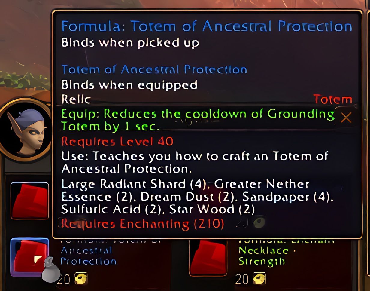 配方：先祖庇护图腾 (Totem of Ancestral Protection) 在 World of Warcraft: Forever