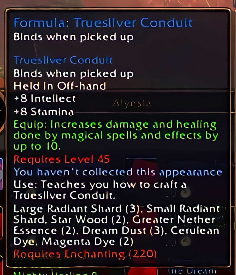 配方：真银导体 (Truesilver Conduit) 在 World of Warcraft: Forever